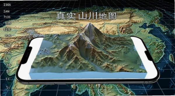 真实山川地图三维地形渲染效果图，画面主体为手机屏幕显示立体山脉模型，背景为虚拟地理网格与海拔标注线，软件名称真实山川地图清晰可见，科技感与地理信息风格结合