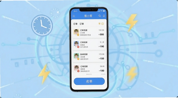 一款名为易小哥的安卓手机应用界面展示,画面中央是手机屏幕,屏幕内呈现订单列表与抢单按钮,背景为浅蓝色科技感光晕,周围点缀时钟与闪电图标,整体风格简洁明快,突出高效抢单主题