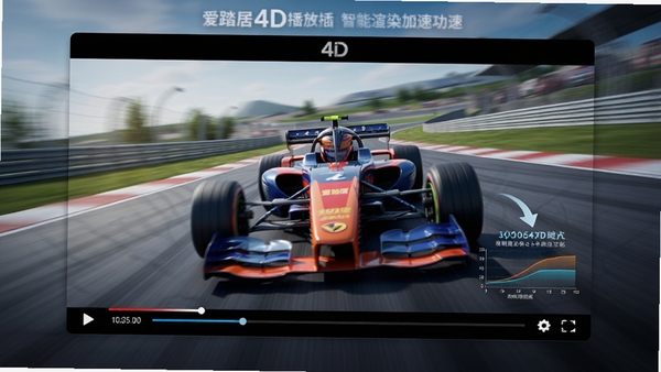 爱踏居4D播放插件智能渲染加速功能示意图,展示视频播放时画面流畅无拖影,背景为动态赛车场景,画面锐利,色彩丰富,有流畅度对比图示,风格写实,突出速度感和清晰度