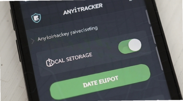 Anyitracker 隐私设置页面,手机屏幕显示本地存储开关与数据导出按钮,背景为深灰色调,突出安全与简洁感