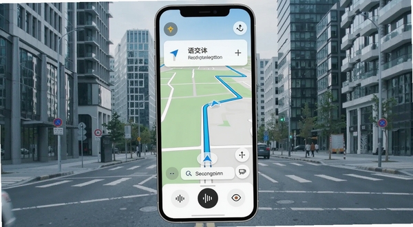 手机语音导航地图整体界面预览图,展示导航过程中的主屏幕,包含地图路线、简洁的悬浮导航提示框以及底部的语音控制按钮,背景为现代城市街景,整体风格清晰明亮,突出语音导航的核心功能。