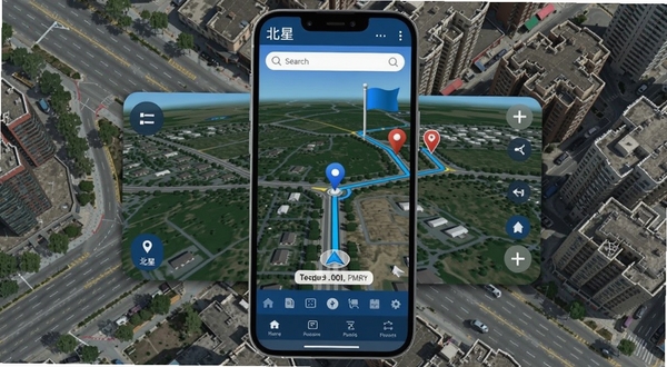 北星高清卫星导航软件主界面全貌展示,画面主体为手机屏幕中呈现的三维卫星地图与导航路线规划,背景区域为城市道路与建筑群的俯瞰实景,地图上标注清晰的定位光标与目的地旗帜,整体色调以科技蓝与自然绿为主,细节包括底部功能菜单栏与顶部搜索框,适配Boogu模型生成,高清写实风格