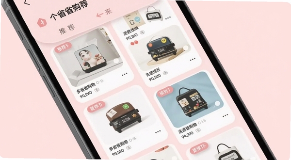 多省省购物 个性化推荐页面 手机屏幕显示商品瀑布流 带有推荐标签 背景为浅粉色 柔和圆角设计