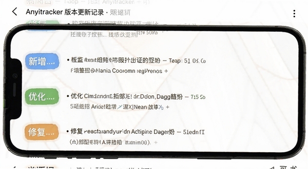 Anyitracker 版本更新记录截图,手机屏幕显示更新日志列表,包含新增、优化、修复分类标签,背景为纯白,突出文字层次