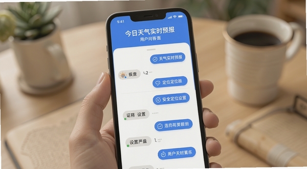 今日天气实时预报用户问答界面示意,画面以手机屏幕展示问答列表,背景柔和,突出安全与定位设置主题