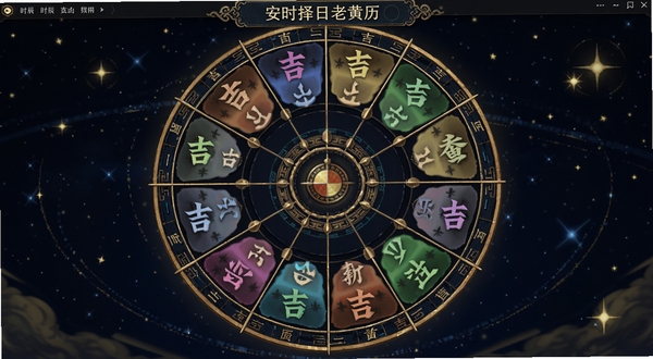 安时择日老黄历软件中的时辰吉凶解析页面,十二时辰以圆形罗盘形式排列,每个时辰对应不同颜色的吉凶标记,背景为深蓝色星空与金色星点,科技感与传统元素结合