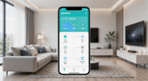 迈势绮软件主界面预览图,画面主体为手机屏幕内展示的智能家居控制面板,背景为模糊处理的现代客厅环境,风格干净明亮,突出软件界面简洁与科技感,高清应用截图风格