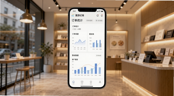 漫游纪商户端软件主界面展示,画面中央为手机屏幕内呈现的商户管理仪表盘,包含订单统计与营收数据图表,背景为简洁的现代商铺环境,暖色调灯光,整体风格专业清晰,适配Boogu模型生成。