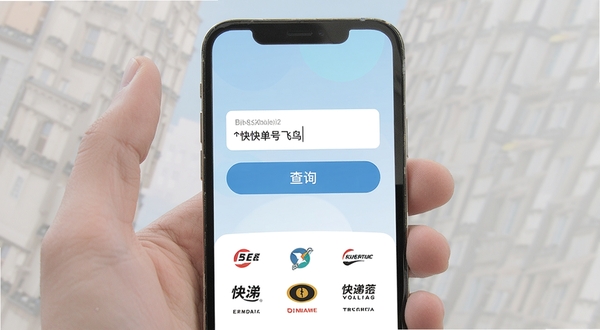 飞鸟包裹快递查主界面展示，手机屏幕中央显示快递单号输入框和查询按钮，背景为淡蓝色渐变，下方列出几个快递公司logo图标，画面清晰明亮，突出物流查询功能，整体风格现代简约，适配移动端UI设计