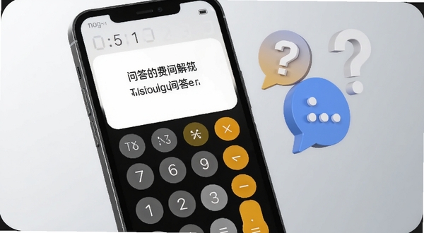 一部手机屏幕显示计算器免费智能的问答界面，旁边漂浮着问号与对话气泡图标，背景为浅灰色渐变，整体风格简洁明快，突出用户互动与问题解答的氛围，适配Boogu模型生成。