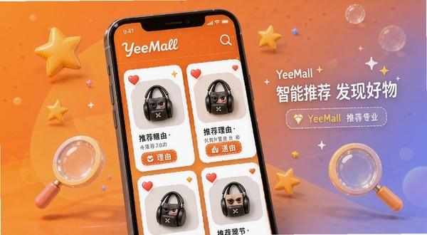 YeeMall个性化推荐页面,手机屏幕展示根据用户喜好生成的商品推荐卡片,卡片上有心形收藏图标和推荐理由标签,背景为温暖橙色渐变,周围有星星和放大镜元素,突出智能推荐与发现好物的感觉