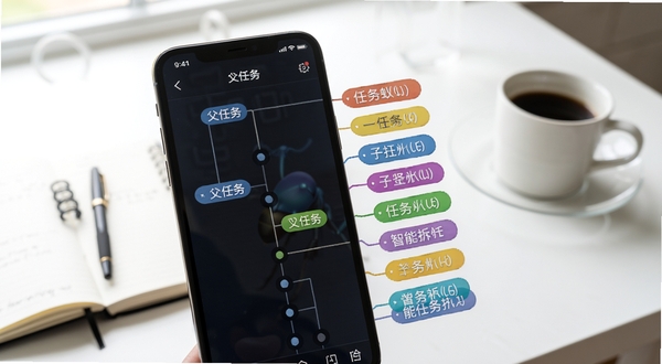 全力蚁富智能任务拆解界面特写,手机屏幕展示层级分明的任务树状图,左侧为父任务,右侧延伸多个彩色子任务标签,背景为明亮的书房桌面,有笔记本和咖啡杯,画面干净清爽