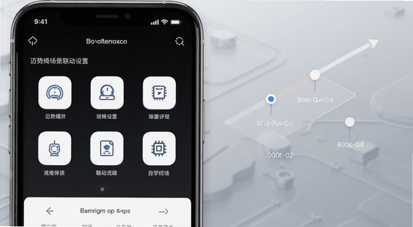 迈势绮场景联动设置功能截图,画面展示手机App内自定义场景编辑页面,包含多个设备图标与时间轴设定,背景为浅灰色科技感渐变,强调自动化流程的便捷性