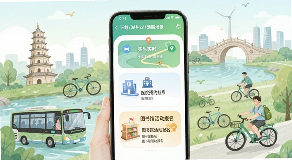 我的湖州 下载|湖州本地生活服务场景插画，画面展示手机屏幕中呈现公交实时位置、医院预约挂号和图书馆活动报名三个功能模块，背景区域为湖州城市地标与绿色出行元素，整体风格清新柔和，适配Boogu模型生成