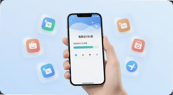 海泰动力助理后台清理功能示意图,画面中一只手拿着手机,屏幕上显示正在清理后台应用的进度条,周围环绕着被清理的应用图标虚影,背景为淡蓝色渐变,整体氛围轻松清爽
