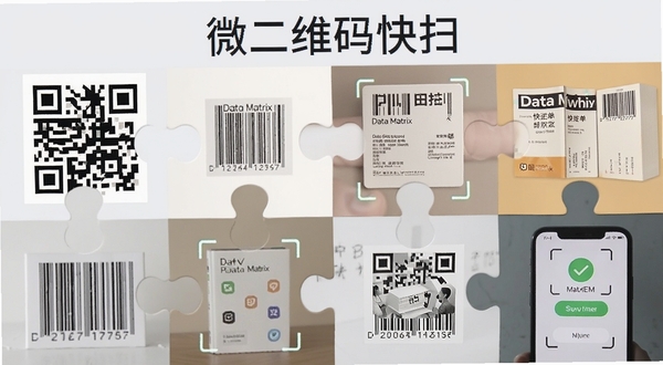 微二维码快扫 多种码制识别场景拼图 包含二维码 条形码 Data Matrix码 快递单 书本条码 手机屏幕显示识别成功界面 背景为柔和浅灰色 软件名称微二维码快扫出现在顶部 适配Boogu模型生成
