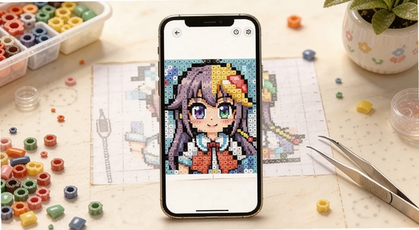 拼豆图纸模拟软件主界面展示,画面中央为手机屏幕,屏幕内显示一张动漫角色被转换成彩色拼豆像素图纸的过程,背景为温馨的手工桌面,散落着彩色拼豆颗粒和镊子,整体风格明亮清新,适配Boogu模型生成