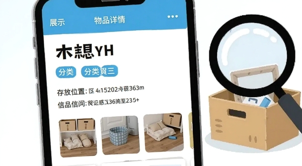 一木记物物品详情页面展示，手机屏幕中显示一件物品的名称、分类标签、存放位置信息与位置照片缩略图，画面右侧搭配放大镜与收纳盒元素，明亮清新的蓝白配色，扁平插画风格