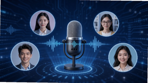 爱聊语音视频聊天室高清语音连麦功能示意图，画面中几位用户头像围绕一个虚拟麦克风，波形图显示清晰音频，背景为科技感蓝色调，突出低延迟高音质特点
