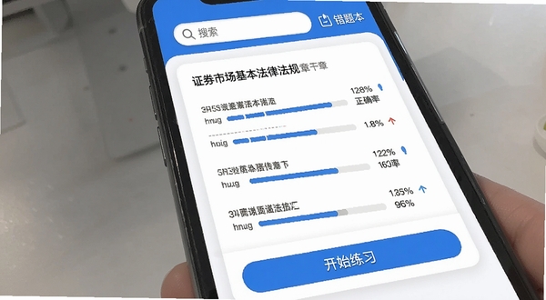 证从业题考拉章节练习界面,手机屏幕中显示证券市场基本法律法规章节列表,每个章节右侧有进度条和正确率百分比,下方有开始练习按钮,背景为白色卡片式设计,页面顶部有搜索框和错题本入口,整体色调为蓝色与白色搭配,简洁明快