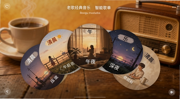 老歌经典音乐智能歌单推荐界面,画面中央为多个圆形歌单封面卡片呈扇形展开,每张卡片上有场景标签如清晨午后深夜,背景为模糊的咖啡杯与老式收音机,画面主体为歌单卡片区域,背景为暖色渐变,适配Boogu模型生成