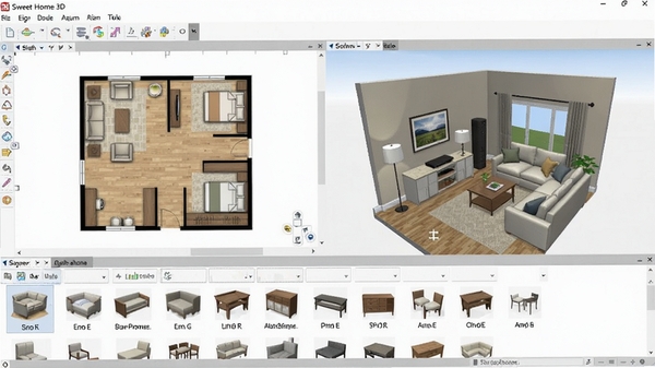 Sweet Home 3D家装设计软件主界面预览图,展示左侧平面图编辑区、右侧3D视图以及下方家具库列表,整体界面简洁清晰,现代家居风格,光线明亮,色彩自然