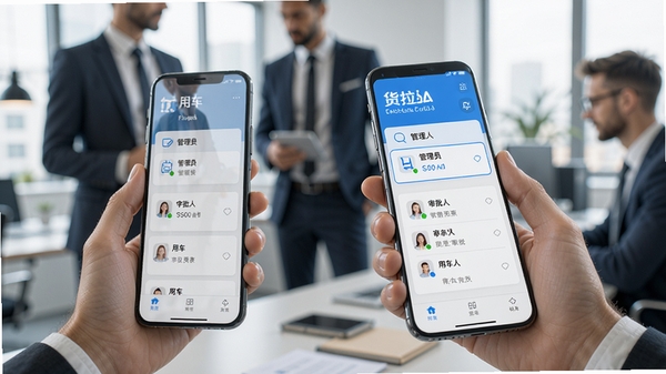 货拉拉企业版多角色管理界面,显示管理员、审批人、用车人的权限列表,背景为办公室白领使用手机,界面图标清晰,商务蓝色调,细节丰富,高分辨率