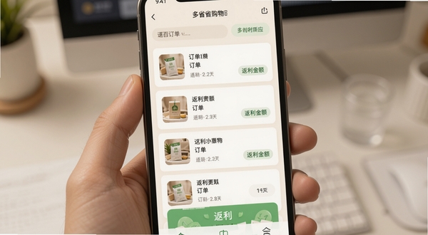 多省省购物 返利记录页面 手机屏幕显示订单列表和返利金额 背景为暖白色 清新卡片式布局
