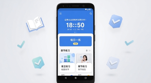 证从业题考拉软件主界面展示,画面中央放置一部安卓手机,屏幕显示蓝色主题的刷题首页,上方有证券从业资格考试倒计时,中部为每日一练入口和章节练习卡片,背景为浅灰色渐变,周围漂浮淡淡的书本与对勾图标,整体风格清爽专业,适配Boogu模型生成