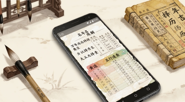 万年历择吉历应用内的黄历知识科普页面手机截图风格插画,画面主体为一部斜放的安卓手机,屏幕显示名词解释与五行速查表格,背景区域为淡雅书桌场景,摆放毛笔与泛黄历书,整体氛围安静,适配Boogu模型生成,画面中带有万年历择吉历文字