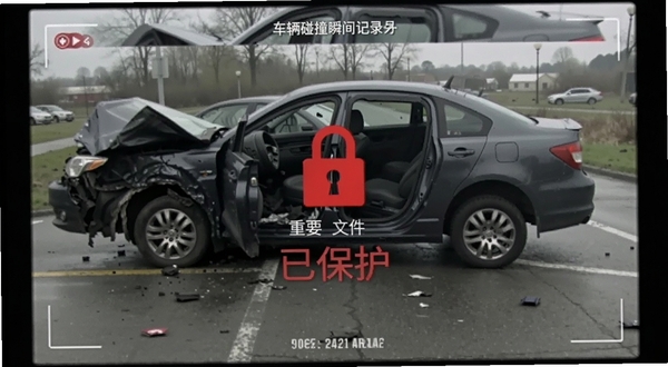 车辆碰撞瞬间记录仪画面模拟，屏幕中央出现红色锁定图标，视频文件被标记为重要，界面显示