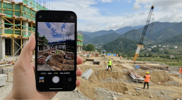 安心水印相机离线使用场景展示，画面中一部手机在户外无网络环境下正常拍摄带有水印的照片，背景为建筑工地或山区风景，整体氛围专业可靠