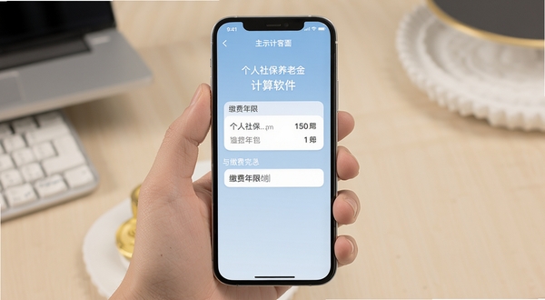 个人社保养老金计算软件主界面展示，手机屏幕中央显示养老金计算结果与缴费年限输入框，背景为淡蓝色渐变，画面简洁清晰，突出工具类应用的专业感与易用性