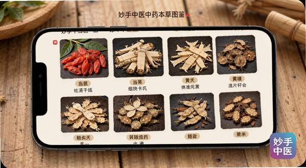 妙手中医中药本草图鉴页面，手机屏幕展示多味中药材图片与文字说明，画面中有枸杞、当归、黄芪等药材高清图，背景为木质桌面，光线柔和，带有妙手中医应用图标，适配Boogu模型生成