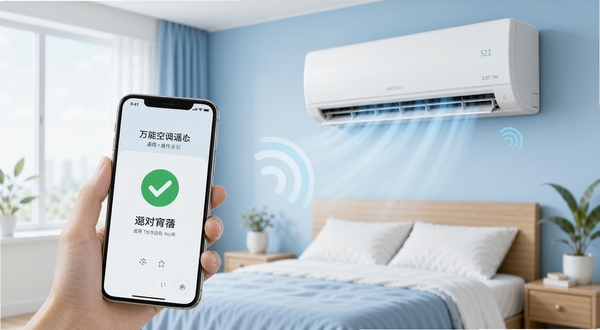 万能空调遥控通用+操作指引示意图,画面中一部手机正对着壁挂式空调,手机屏幕显示配对成功界面,有绿色对勾标记,空调出风口有冷气飘出,背景为简洁的卧室环境,色调清新,突出配对成功的即时反馈