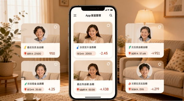 三高管家app家庭成员管理页面,显示多个用户头像卡片,每个卡片下方有最近一次血压血糖数据摘要,界面温馨居家风格,背景柔和暖色调