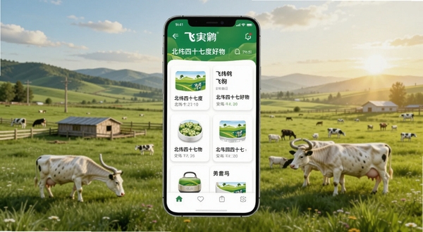 飞鹤丨北纬四十七度好物 安卓应用主界面展示,画面中央为手机屏幕显示商品列表与品牌标识,背景为北纬四十七度自然牧场风光,整体色调清新温暖,适配Boogu模型生成