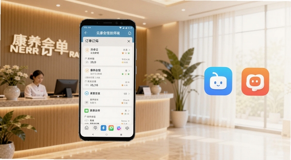 画面主体为一部竖屏安卓手机,屏幕显示云康会馆技师端订单列表界面,坐标位于画面中央偏左;背景为暖色调的康养会馆前台与绿植区域,右侧留白用于放置应用图标,整体风格简洁明亮,适配Boogu模型生成