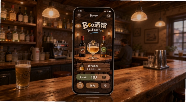 悠闲酒馆应用主界面全景展示,画面中央为手机屏幕显示酒馆风格UI,背景为暖色调木质吧台与柔和灯光,整体氛围轻松惬意,适合Boogu模型生成