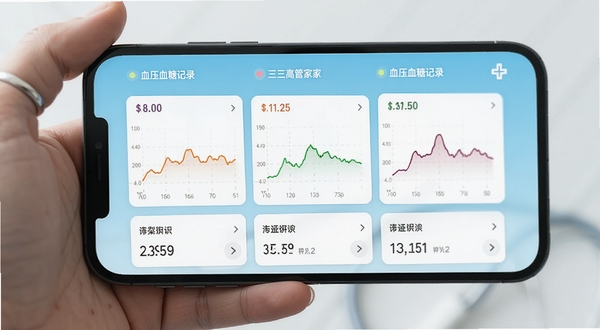 三高管家app血压血糖记录界面展示,手机屏幕中显示三条不同颜色曲线图,背景为浅蓝色医疗健康风格,数据卡片整齐排列,整体氛围专业清晰
