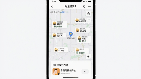 附近临工每天结APP地图定位界面,手机屏幕显示周边5公里内的日结岗位分布点,每个点标有工种图标和薪资数字,底部弹出今日可报名岗位卡片,整体UI风格简洁清晰