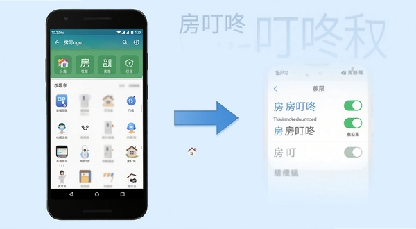 房叮咚使用教程示意图,画面左侧为安卓手机设置界面,右侧为房叮咚应用内的权限开关示意,中间用箭头连接,背景为浅蓝色,图标风格简洁,标注文字清晰,适配Boogu模型生成
