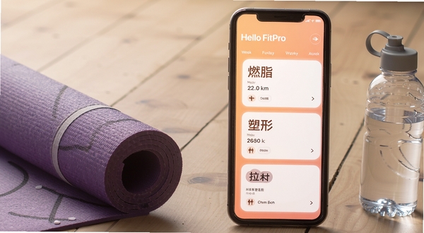 Hello FitPro 个性化训练计划界面，手机屏幕显示一周训练日程卡片，包含燃脂、塑形、拉伸等标签，背景为柔和橙色运动渐变，旁边有瑜伽垫和水杯元素，突出健身计划管理场景