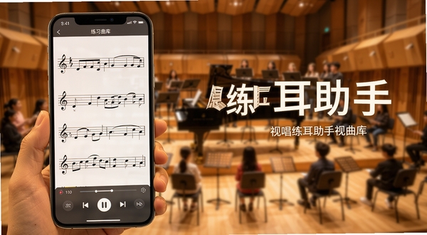 视唱练耳助手视唱曲库练习场景预览,画面为手机屏幕显示五线谱与播放控制条,背景是模糊的合唱教室或音乐厅环境,突出软件名称视唱练耳助手,画面温暖具有学习氛围