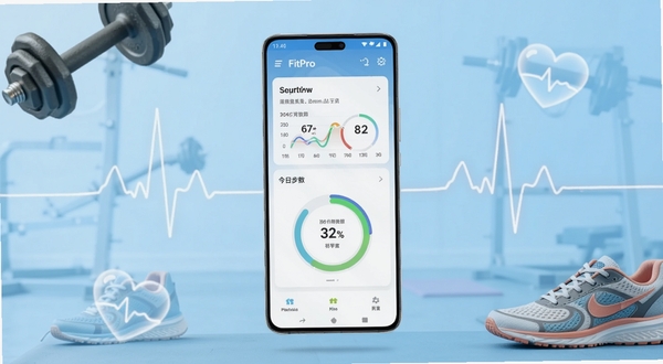 Hello FitPro 运动健身应用主界面展示，画面中央是一部竖屏安卓手机，屏幕显示运动数据仪表盘与今日步数环形图，背景为浅蓝色渐变运动场景，四周点缀哑铃、跑鞋与心率线条元素，整体风格清爽科技感，适配Boogu模型生成