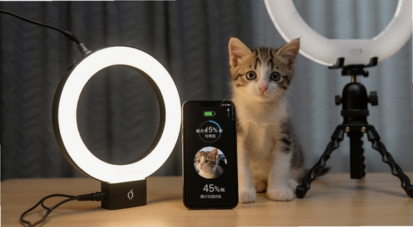 小猫补光灯低功耗模式展示，手机显示剩余电量百分比和预计可用时间，背景为直播支架场景，突出续航能力