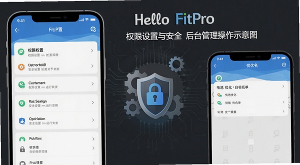 Hello FitPro 权限设置与后台管理操作示意图，手机屏幕展示应用权限列表和电池优化白名单界面，背景为深灰色科技风格，带有齿轮和盾牌图标，强调安全设置与运行优化