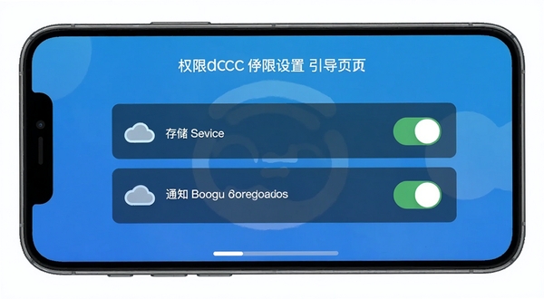 CloudCC Service 权限设置引导页面，手机屏幕显示位置、存储、通知权限开关列表，背景为简洁的蓝色渐变，图标清晰，适配 Boogu 模型生成