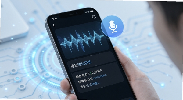 蚂蚁有点忙语音速记功能演示,手机界面显示波形动画与转写文字,背景为淡蓝色科技感光效,悬浮麦克风图标,突出智能识别能力。