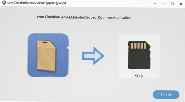画面展示com.CinnabarGames.QuantumSquad.RunnerApplication安装器的存储路径选择界面，左侧为手机内部存储图标，右侧为SD卡图标，中间有箭头引导用户选择，背景为浅灰色极简风格，画面清晰明亮，适合作为软件功能展示图
